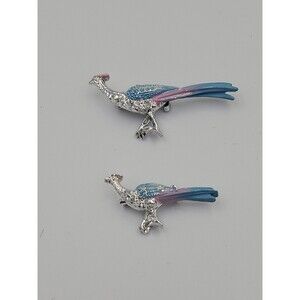 2 Vtg 1960s Pheasant Brooch Pin Pastel Blue Pink Silver Tone Metal Roadrunner